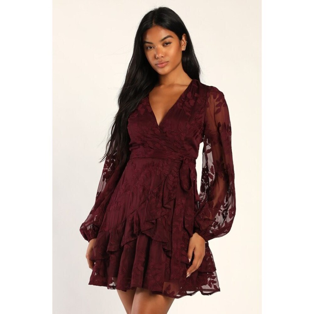 Lulus Inclined To Romance Burgundy Floral Embroidered Mini Dress - Size L